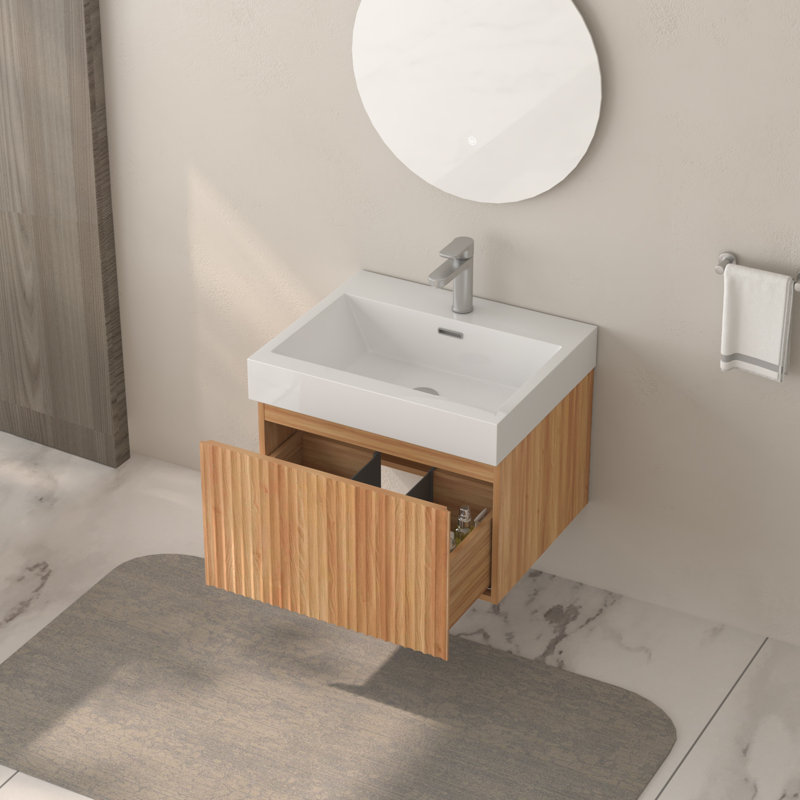 24" Bathroom Vanity With Sink,Wall Mounted Floating Bathroom Cabinet With Integrated Basin Plywood Finish Modern Minimalist Design For Compact Bathrooms 