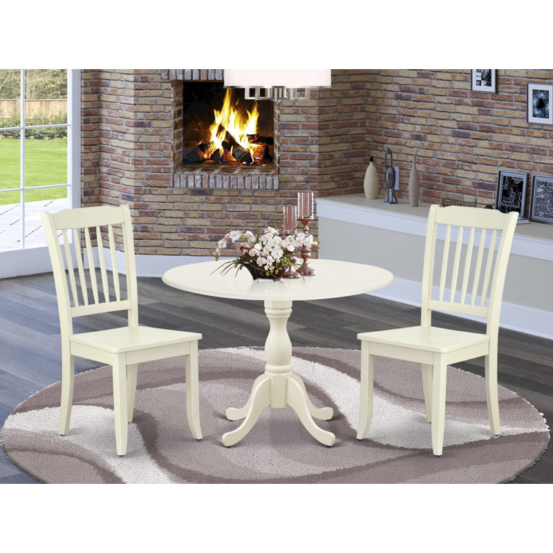 3 Piece Dining Table Set for Small Spaces Contains a Round Dining Room Table with Dropleaf and 2 Wood Seat Chairs, 42x42 Inch, Linen White