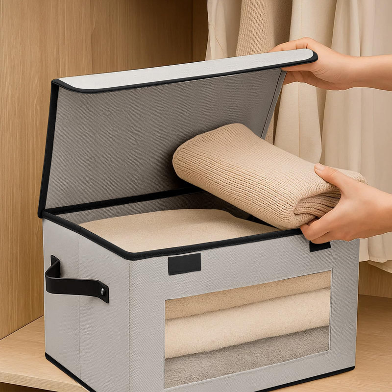 5 Pack Foldable Storage Boxes with Lids, Clear Window Fabric Organiser, Gray