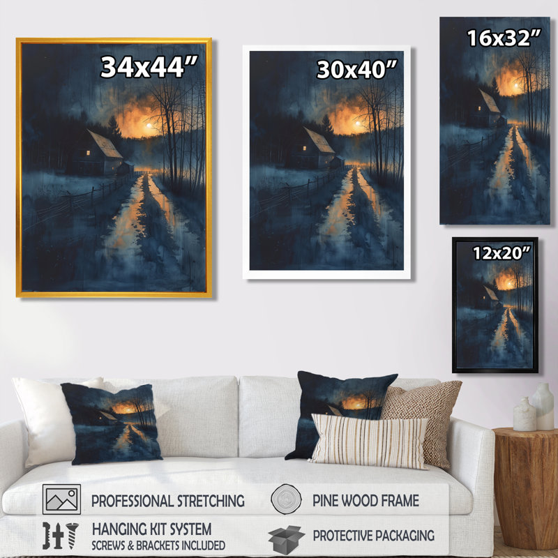  «Yellow Blue Sunset Serenity Barn - Barn Wall Art, Toile avec cadre flottant brun, H 20 po x l 12 po x P 1 po