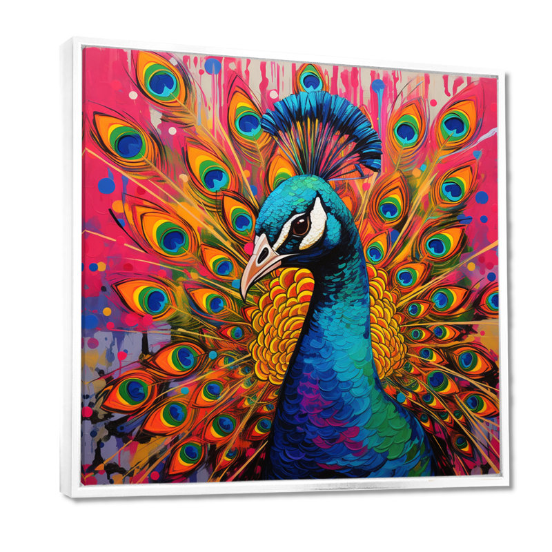 Bleu sarcelle, Pop Art, paon - paon, art mural sur toile, H 24 po x l 24 po x P 1 po, Cadre flottant blanc