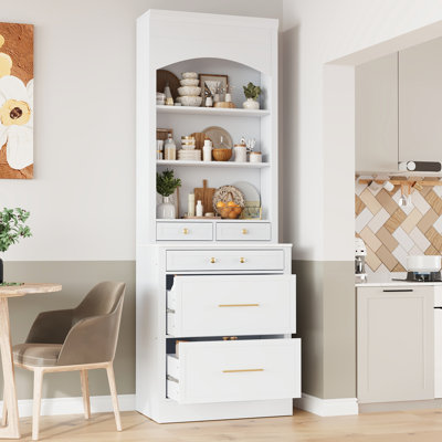 Modern White Kitchen Pantry With Storage - 83.7Inch Tall Cabinet Faux Marble Top And Adjustable Shelf Counter For Organization