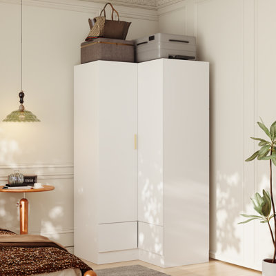 35.4'' Corner Wardrobe With Hanging Poles And Drawers