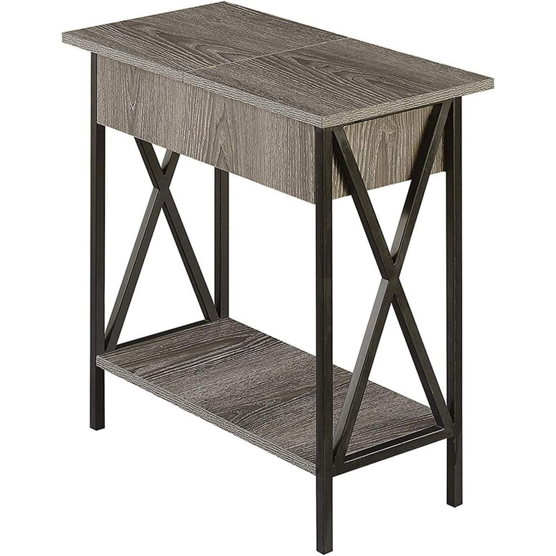 Table de bout à plateau rabattable avec station de charge, tablette, Gris patiné, H 24 po x l 24 po x P 11,25 po