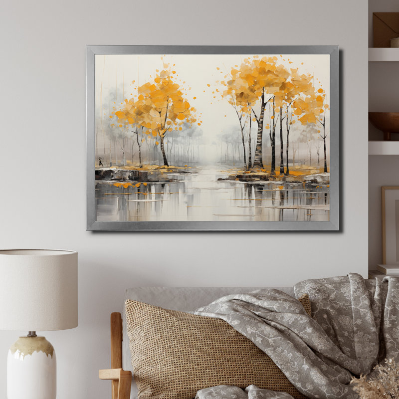 Marjonka " Forest Yellow Wood Collage III ", Cadre simple argenté, H 12 po x l 20 po x P 1 po