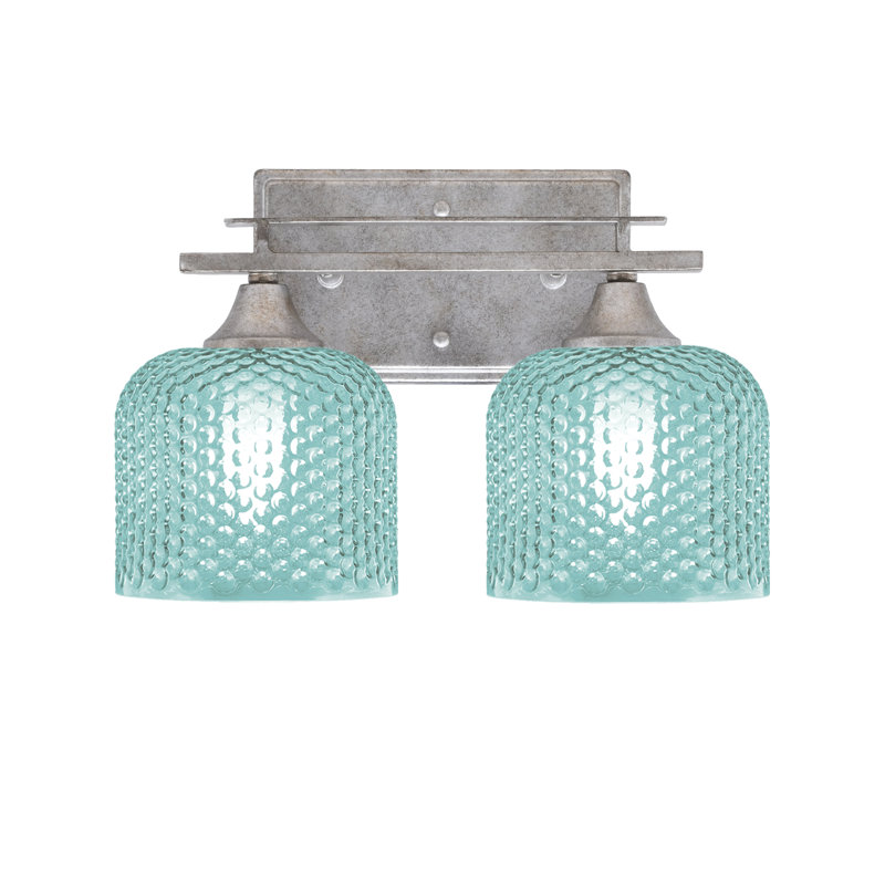Uptowne 2 Light Bath Bar Shown In Aged Silver Finish With 6" Textured Glass, Turquoise