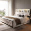 UK & EU Velvet Storage Bed Frame with Bookcase Headboard & Drawers, Smart Platform Bed with Music Sync LED Lights & USB-C Charger, Beige-1453217772