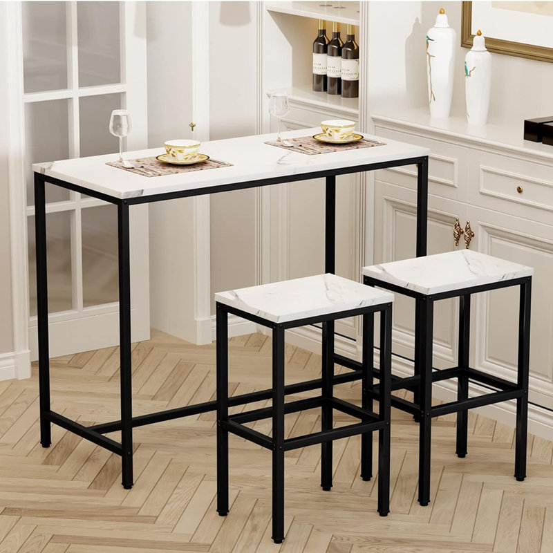 Ensemble de table de bar, ensemble de table et chaises de bar en faux marbre blanc de 44 po, table de bar à hauteur de comptoir avec 2 tabourets de bar, table de petit-déjeuner de cuisine 3 pièces pour salon, salle à manger et appartement