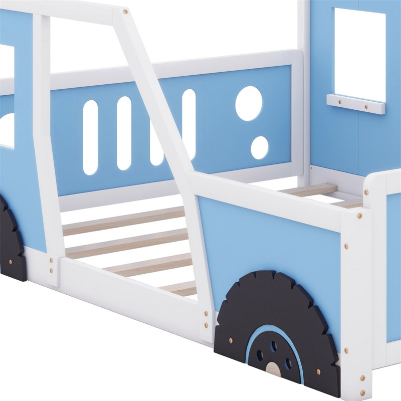Lit plateforme classique avec roulettes en forme de voiture, Bleu / blanc