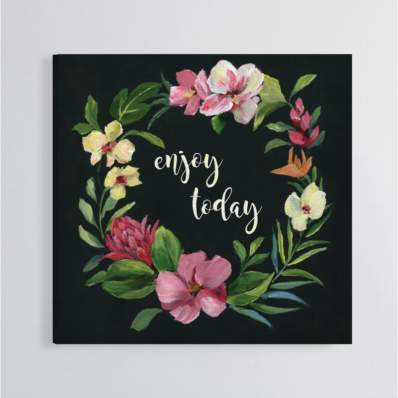 «Tropic Wreath Enjoy Today», peinture, Toile tendue, H 16 po x l 16 po x 1,5 po