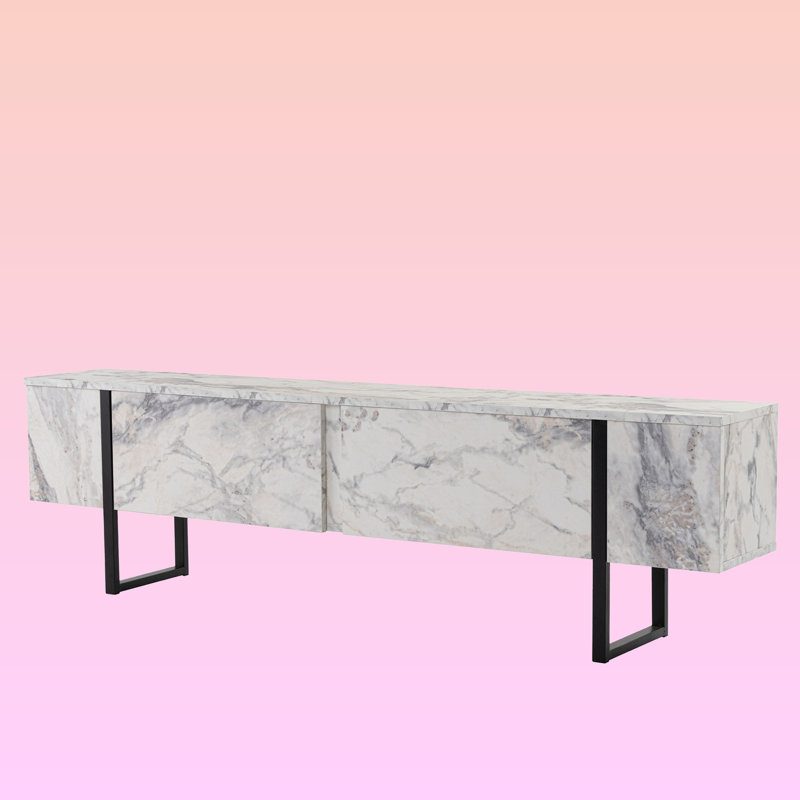 Meuble télé moderne avec marbre Freesia et finition noire, 70,9 po x 19,7 po x 11,8 po | 100% panneau de particules enduit de mélamine, épaisseur: 0,7 pouce | Conception élégante parfaite pour les salons et les espaces de divertissement