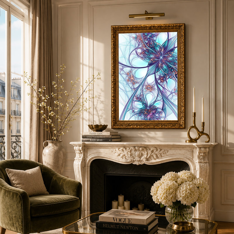Art mural sur toile cyan et mauve fractal avec détails dorés, 18"H x 12"W