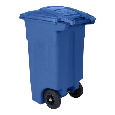 Blue Trash Can With Quiet Wheels And Attached Blue Lid