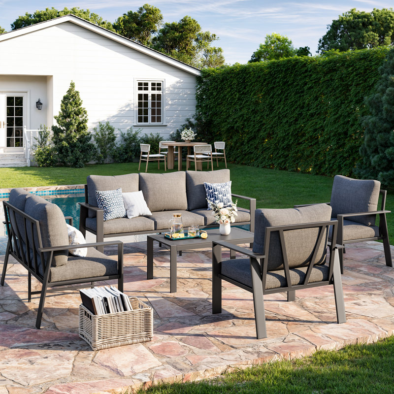 7-Person Sofa Seating Group With Coffee Table, Dark Gray Cushion/Gray Frame
