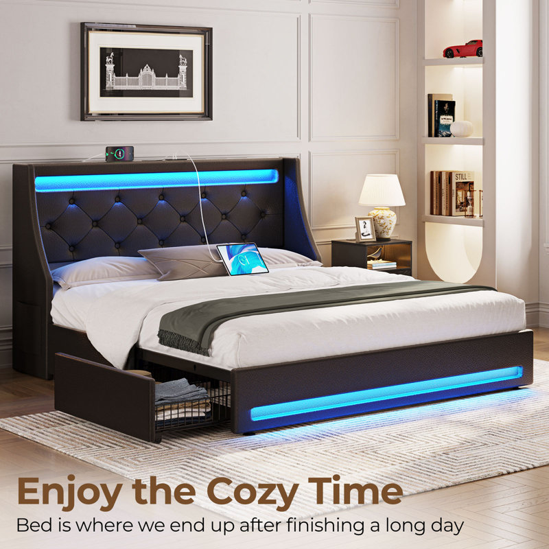 Komor Upholstered Storage Bed with Charging Station and LED Lights