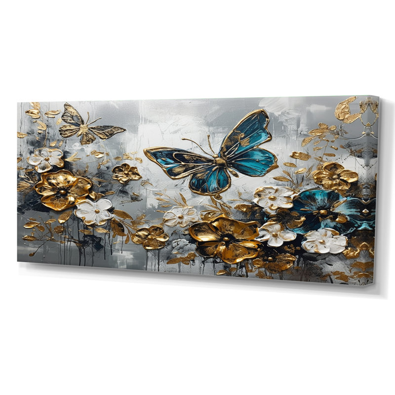 Ryllan, ailes de papillon bleu doré et fleurs V - impressions florales encadrées, H 28 po x l 60 po x P 1,5 po, Toile tendue