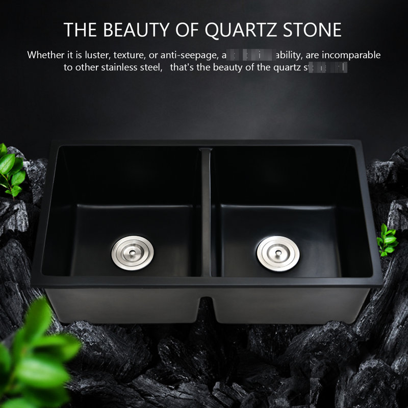Black Quartz 32" X 18" Double Bowl Undermount Kitchen Sink - Heat , Stain Scratch Rust Basket Strainer For Instant Liquid Drainage L X W Heatproof, Rapid And Streamlined