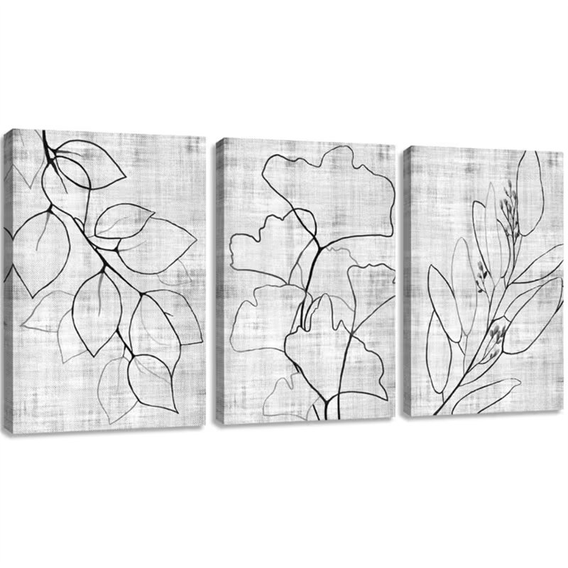 Abstrait noir, blanc et gris, plante, feuille, contour, art mural de style minimaliste moderne, 20 * 30 pouces * 3