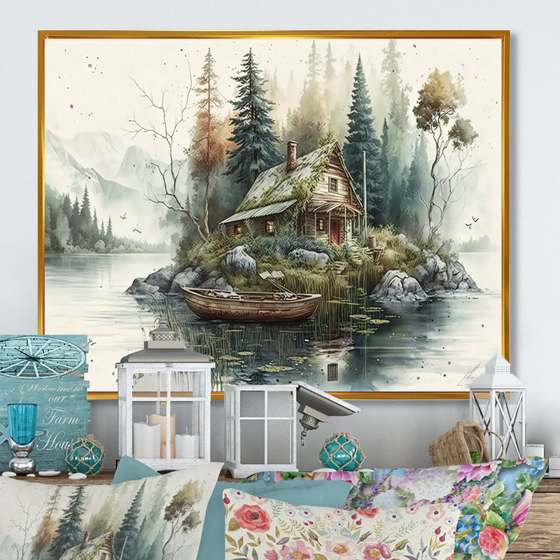 «Fishing House by the Lake I», peinture sur toile, H 24 po x l 32 po x P 1 po, Toile avec cadre flottant or