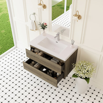 36" Floating Bathroom Vanity With Sink, Modern Minimalist Design, Solid Surface Top, Soft Close Drawers, Ash Grey, Pre-Assembled Components Storage, Resin Countertop, Water- Durability