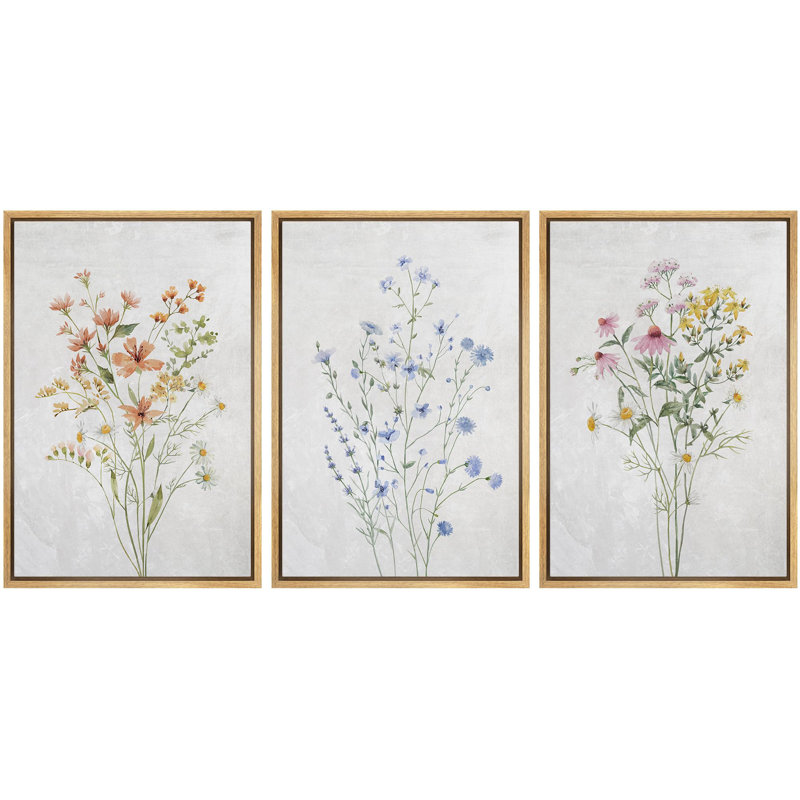 Watercolor Botanical Floral Boho Wildflower Daisies Artwork Wall Art Framed 3 Pieces Canvas Print, Natural, 24" H x 16" W