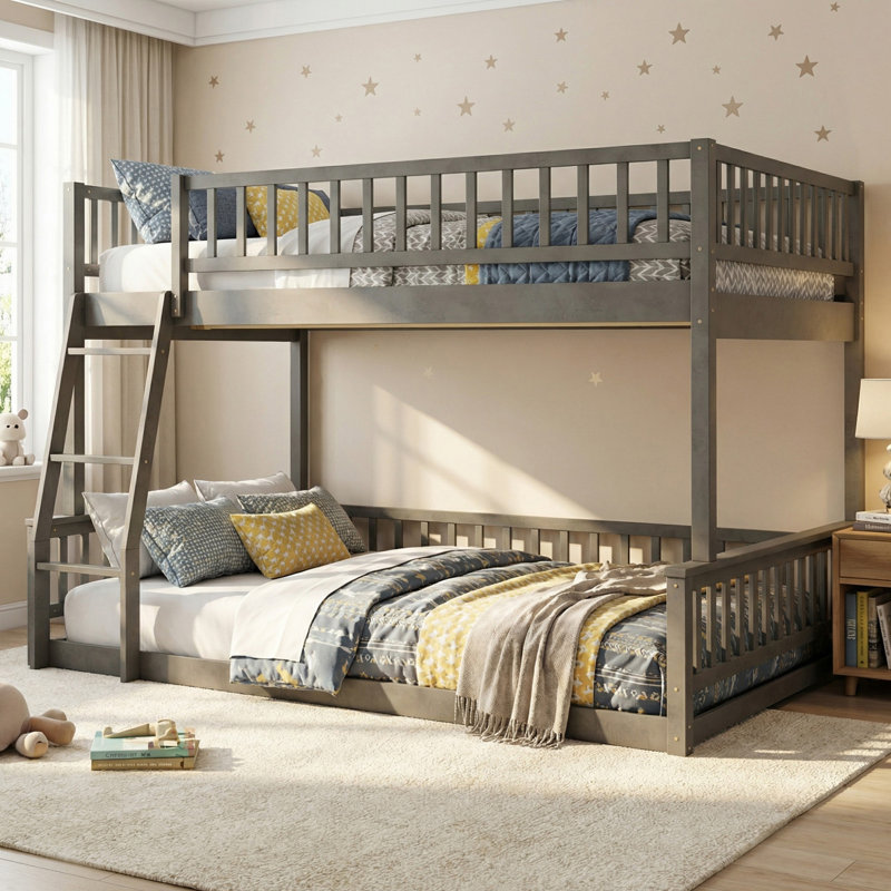 Solid Wood Full XL Over Queen Bunk Bed with Ladder and Guardrails for Bedroom, Gray