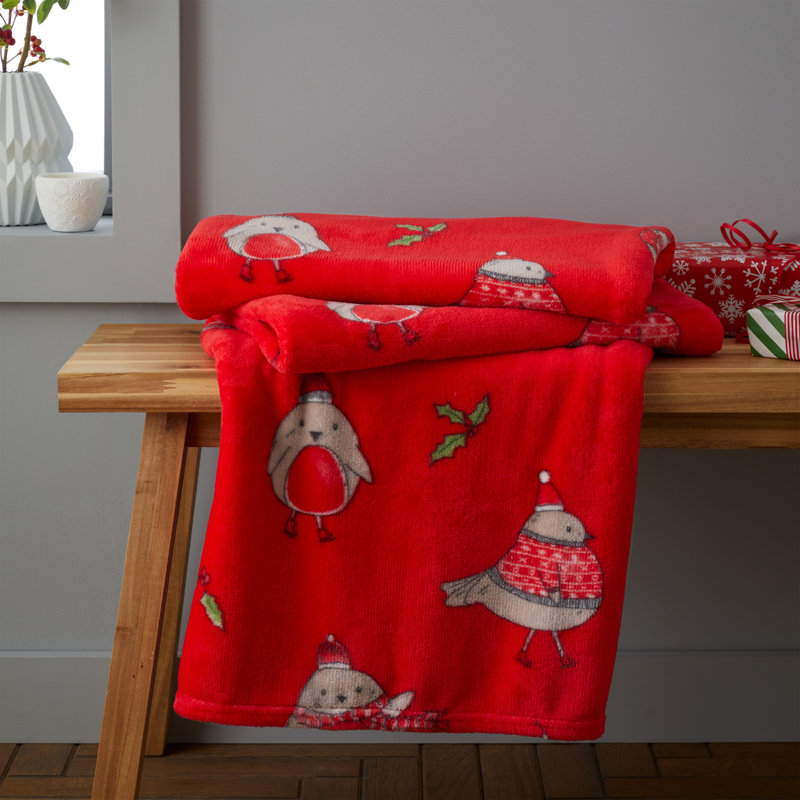 Christmas Robins Cosy 130x170cm Blanket Throw Red