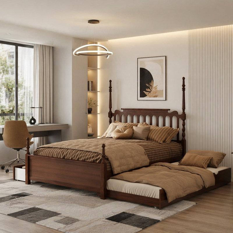Structure de lit plateforme grand avec lit gigogne simple TG et 2 tiroirs de rangement, lit en bois avec tête de lit à broche, lit d'invité peu encombrant