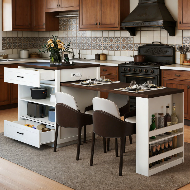 Îlot de cuisine extensible de 83 po avec table à manger escamotable Gracie Oaks, concentrateur électrique intégré (USB-C et CA), support à épices mobile et rangement en verre givré
