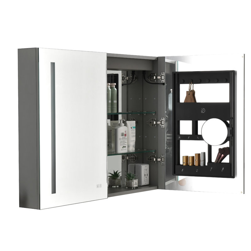 Pharmacie à DEL avec variateur d'intensité, miroir grossissant 3X, tablettes réglables, prises intégrées pour le chargement des appareils, fonctionnalité, interrupteur,