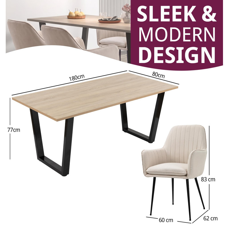 80cm Rectangular Dining Set with Upholstered Chairs, 77cm H x 180cm W x 80cm D, 5 Pieces: Table, 4 Chairs, Beige