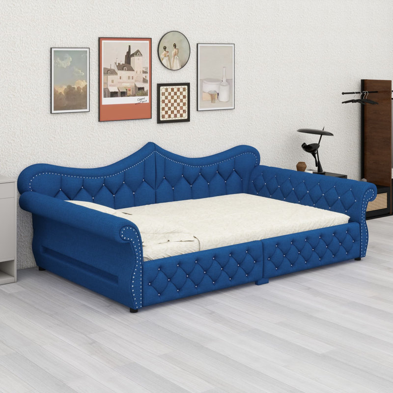 Contemporary Upholstered Daybed Featuring Ambient LED and Decorative Studs, Blue