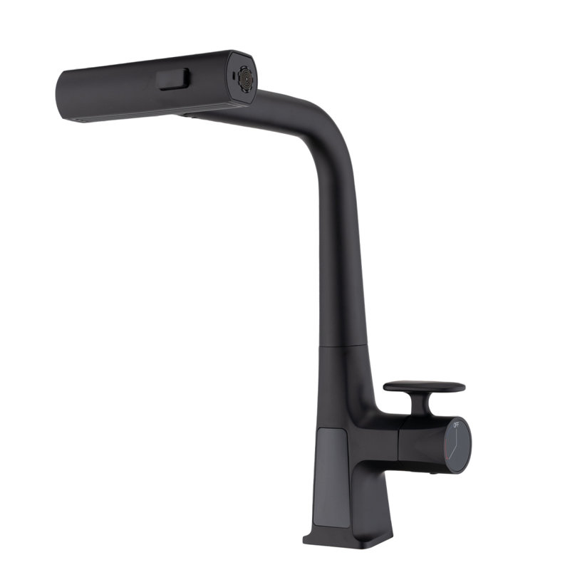 Robinet de cuisine en cascade noir mat avec affichage de la température, robinet de cuisine à poignée simple avec douchette rétractable, robinet d'évier de cuisine moderne, trois modes de sortie d'eau