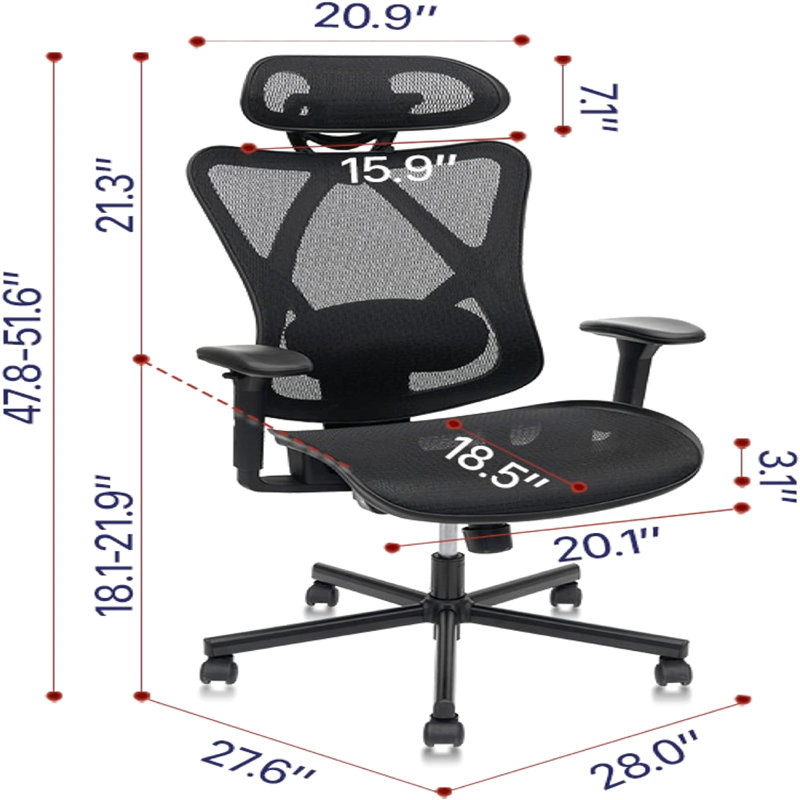 Chaise de bureau en filet, chaises de bureau ergonomiques avec roulettes, support lombaire réglable, accoudoirs, chaise de bureau à haut dossier inclinable avec roulette silencieuse pour le bureau, la maison et les jeux