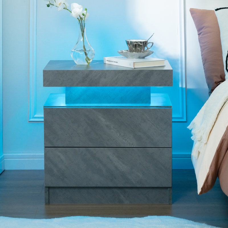 LED Nightstand with 2 Drawers, Grey/Brown/Blue