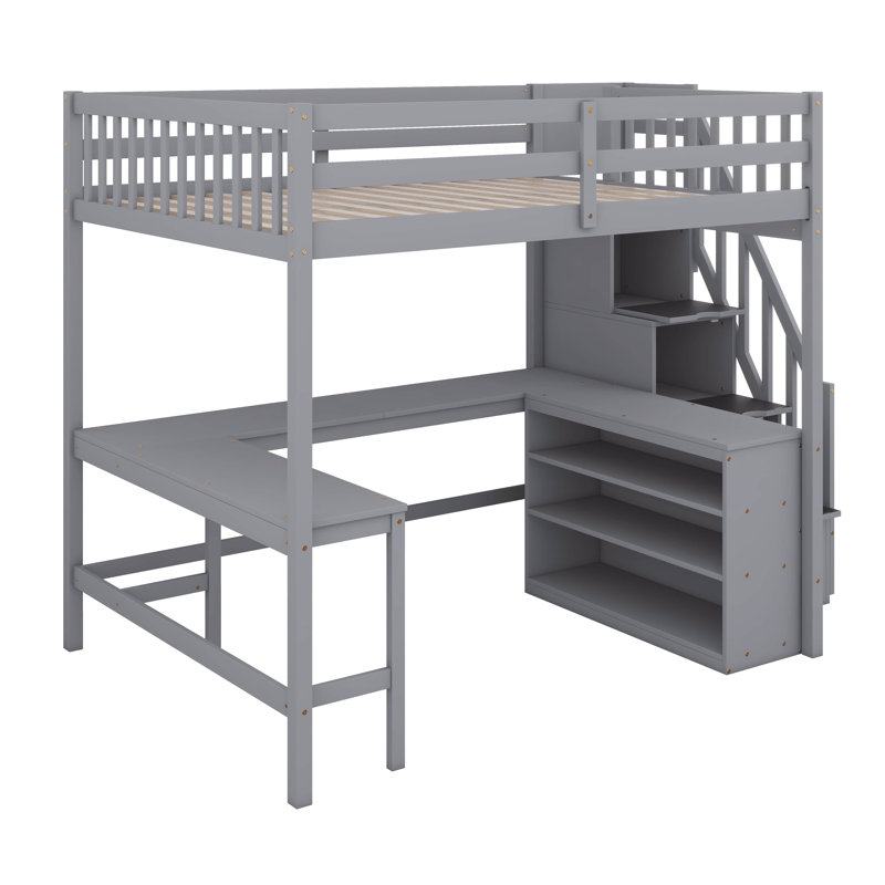 Structure de lit mezzanine en bois pleine grandeur avec bureau en forme de L intégré et 3 tablettes de rangement et escalier de rangement attaché pour les enfants, aucun sommier nécessaire