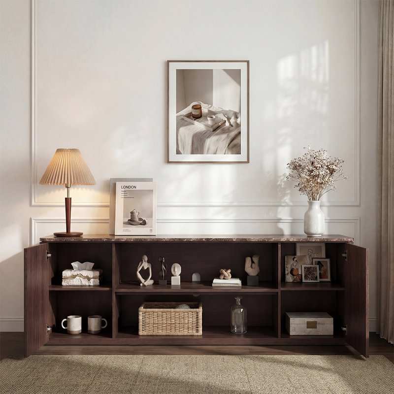 70" Fluted TV Stand for TVs Up to 80", Faux Marble Top & 1.97" Panels, Modern Media Console Entertainment Center, Brown Oak