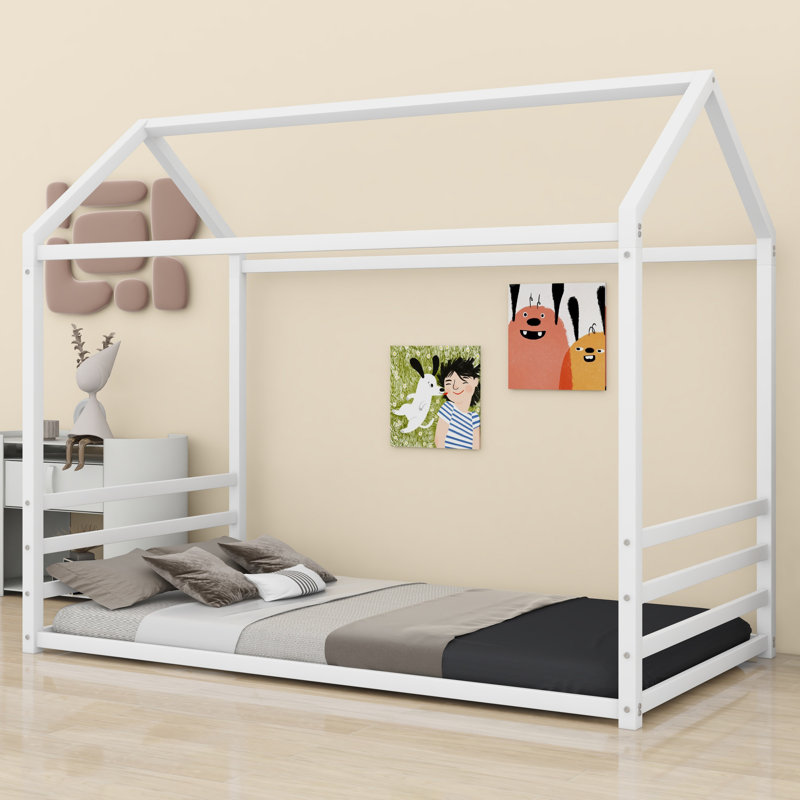 Structure de lit en métal de style Montessori, lit en forme de maison avec garde-corps pour enfants et tout-petits, assemblage facile, sans lattes