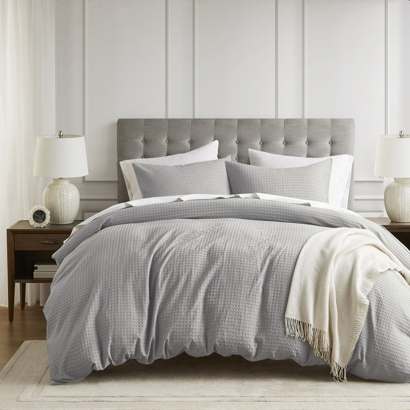 Ensemble de housse de couette texturée Mina Waffle Weave, Gris clair, Housse de couette double / grand + 2 taies décora