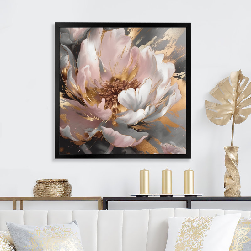 Marbre rose doré pivoine II, Cadre photo noir, H 16 po x l 16 po