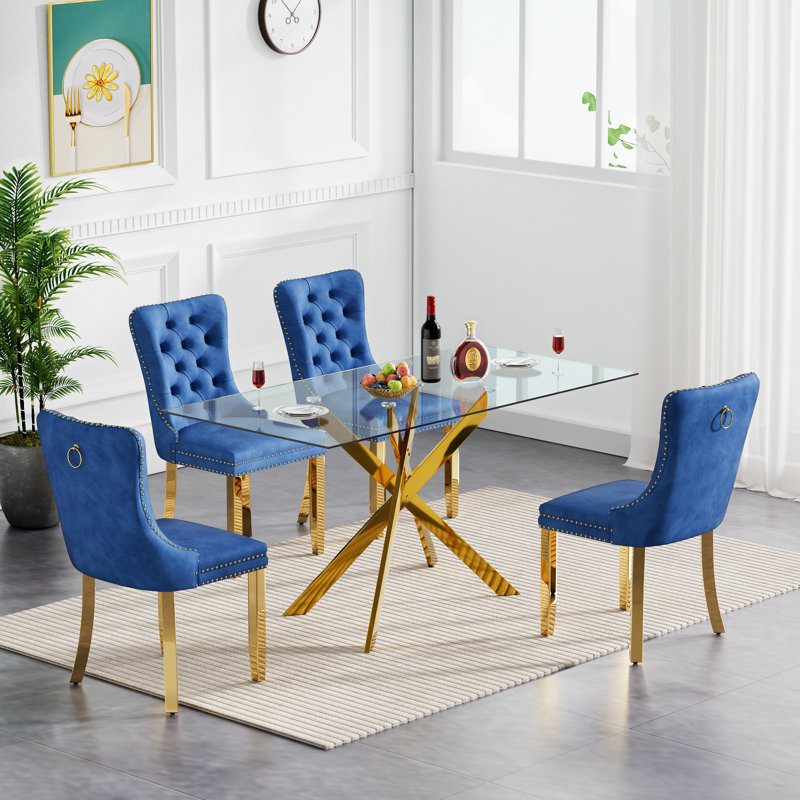 51" Glass Dining Table Set for 4, Modern Dining Room Table Set for 4, X-Shape Pedestal Glass Table with 4pcs Dining Chairs, 5 Piece Dining Set for Dining Living Room