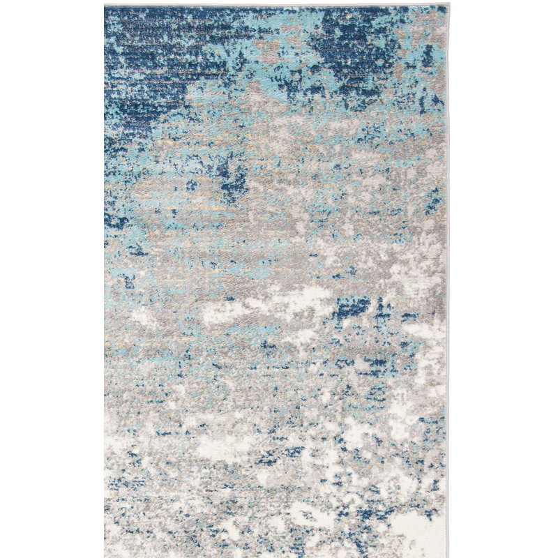 Tapis abstrait gris clair / bleu N'Keal, Tapis de couloir 2 pi x 6 pi, Light Grey/Blue