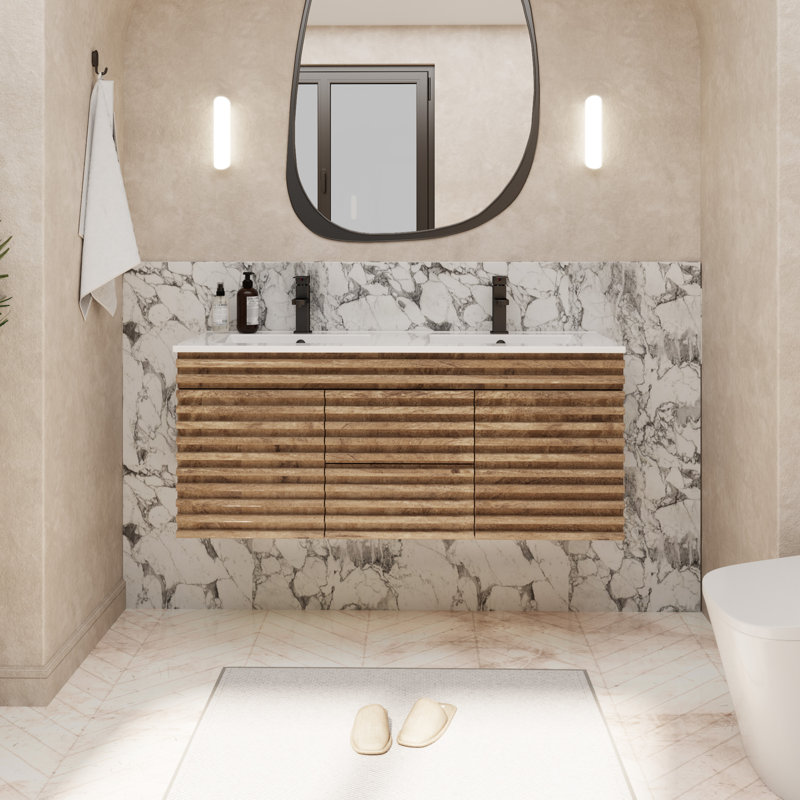 Sharee 48" Wall Mounted Double Sink Bathroom Vanity With Resin Top, Anti-shock, Water Saving Faucet, Pop Up Drain