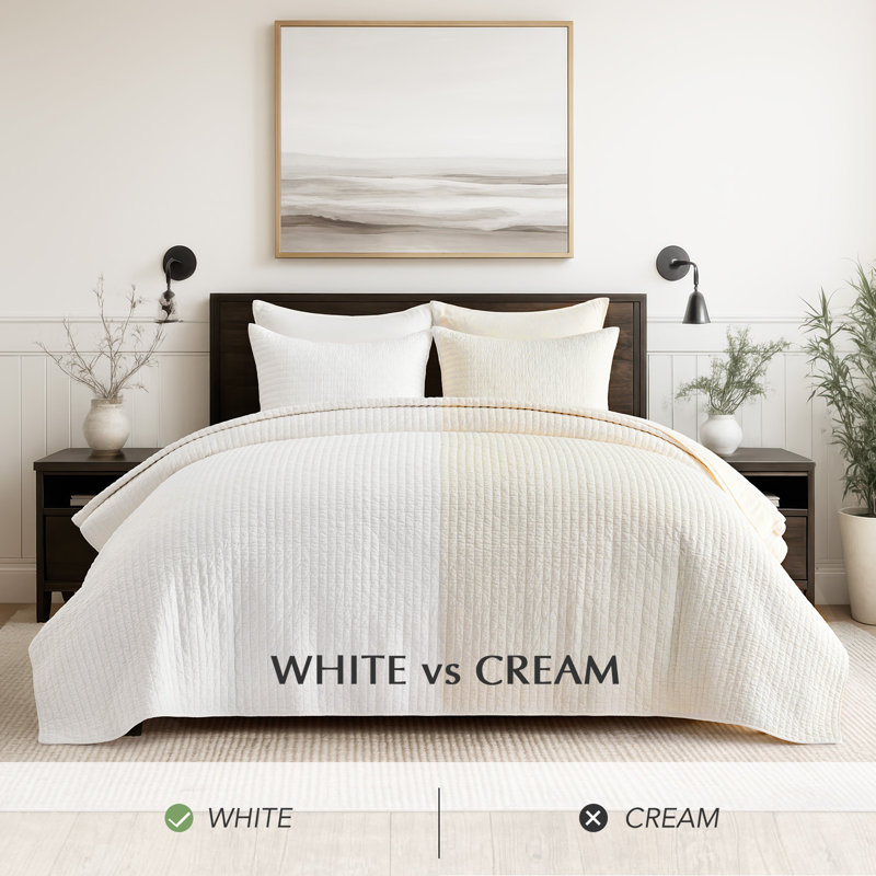 Cross Stitch Cotton Quilt set, King + 2 Shams, Bright White