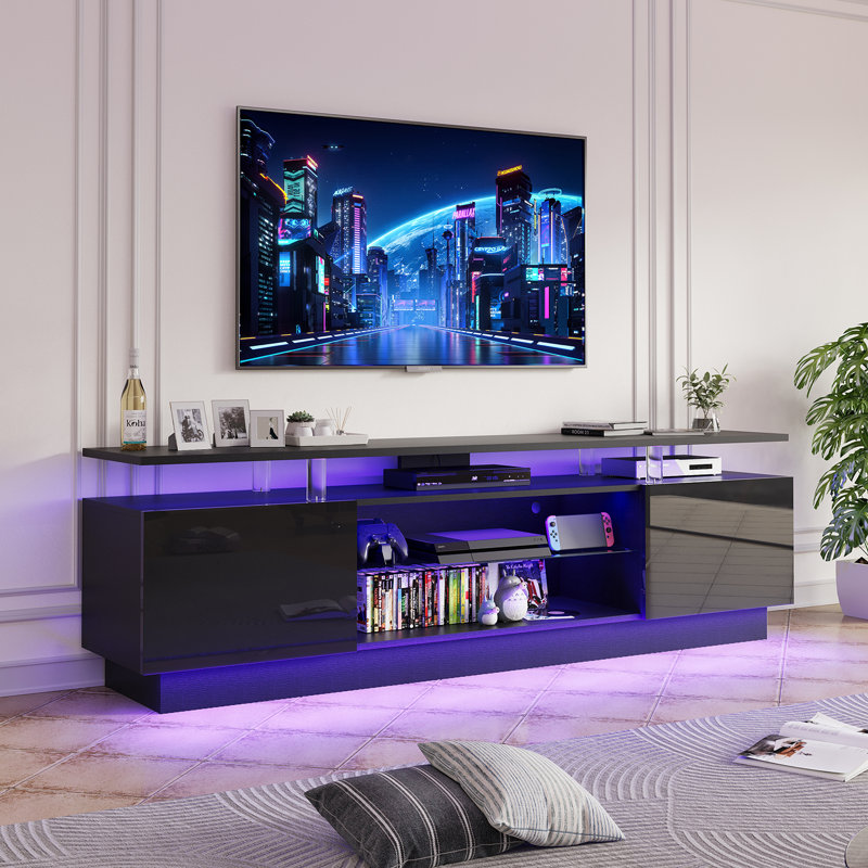 TV Stand for TVs up to 80" With 12 Colors LED Light & Remote & APP Control, Black, 56.5 cm H x 177.8 cm W x 35 cm D
