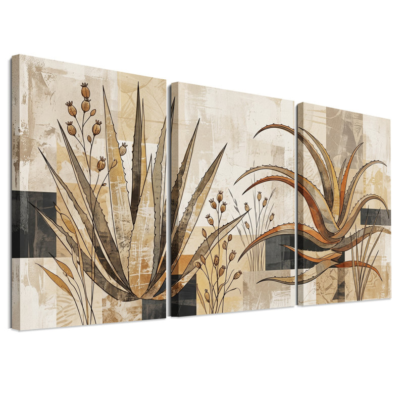 Ensemble de 3 toiles murales géométriques représentant des agaves rouille et beige, 30"H x 20"W x 3pcs