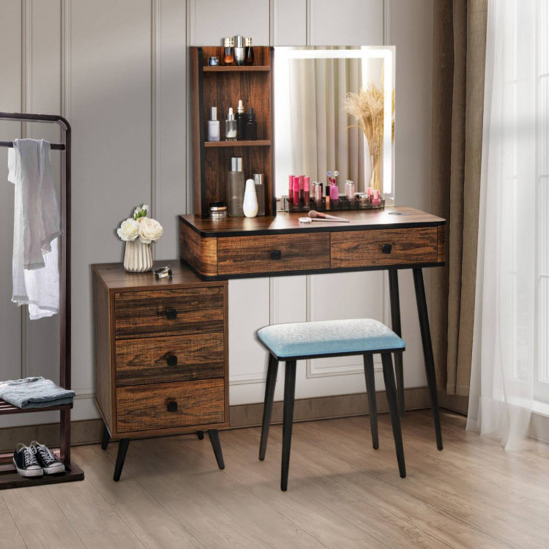 Ensemble de coiffeuse avec miroir lumineux, Brun / noir