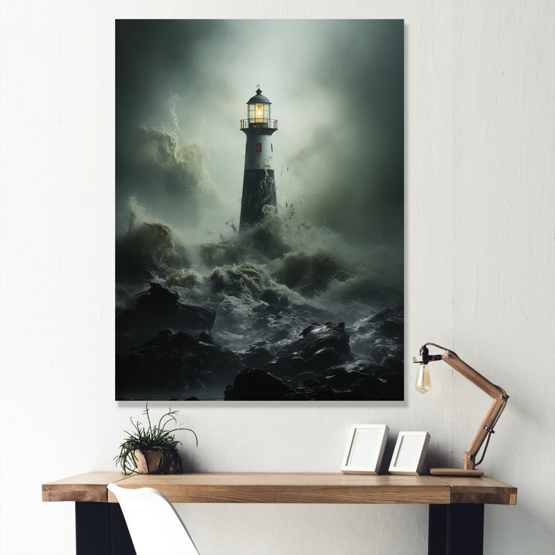 Phare aux prises avec les vagues orageuses I, Toile tendue, H 20 po x l 12 po x P 1 po
