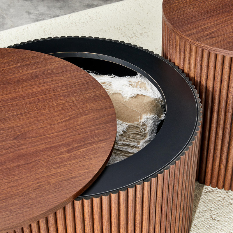 Ensemble de 2 tables basses gigognes avec rangement, colonne romaine ronde, tables de salon en grain de bois noyer