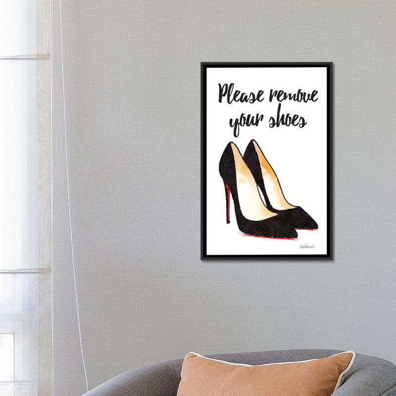 «Veuillez retirer vos chaussures», art textuel sur toile, H 26 po x l 18 po x P 1,5 po, Toile avec cadre noir, Pas de tapis